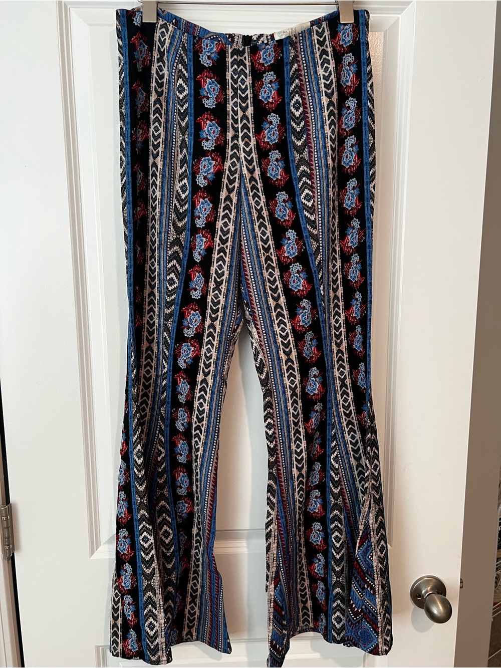 love, Fire Black Boho Stripe Floral Flare Pants with Blue & Red Accents